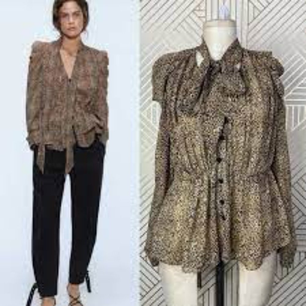 ZARA LEOPARD PRINT PUSSYCAT BOW TIE 90'S STYLE BLOUSE IN BLACK/BROWN SZ M